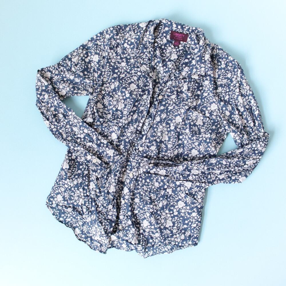 J Crew Liberty Fabrics Blue Long Sleeve Collared Button Front Blouse Size 4